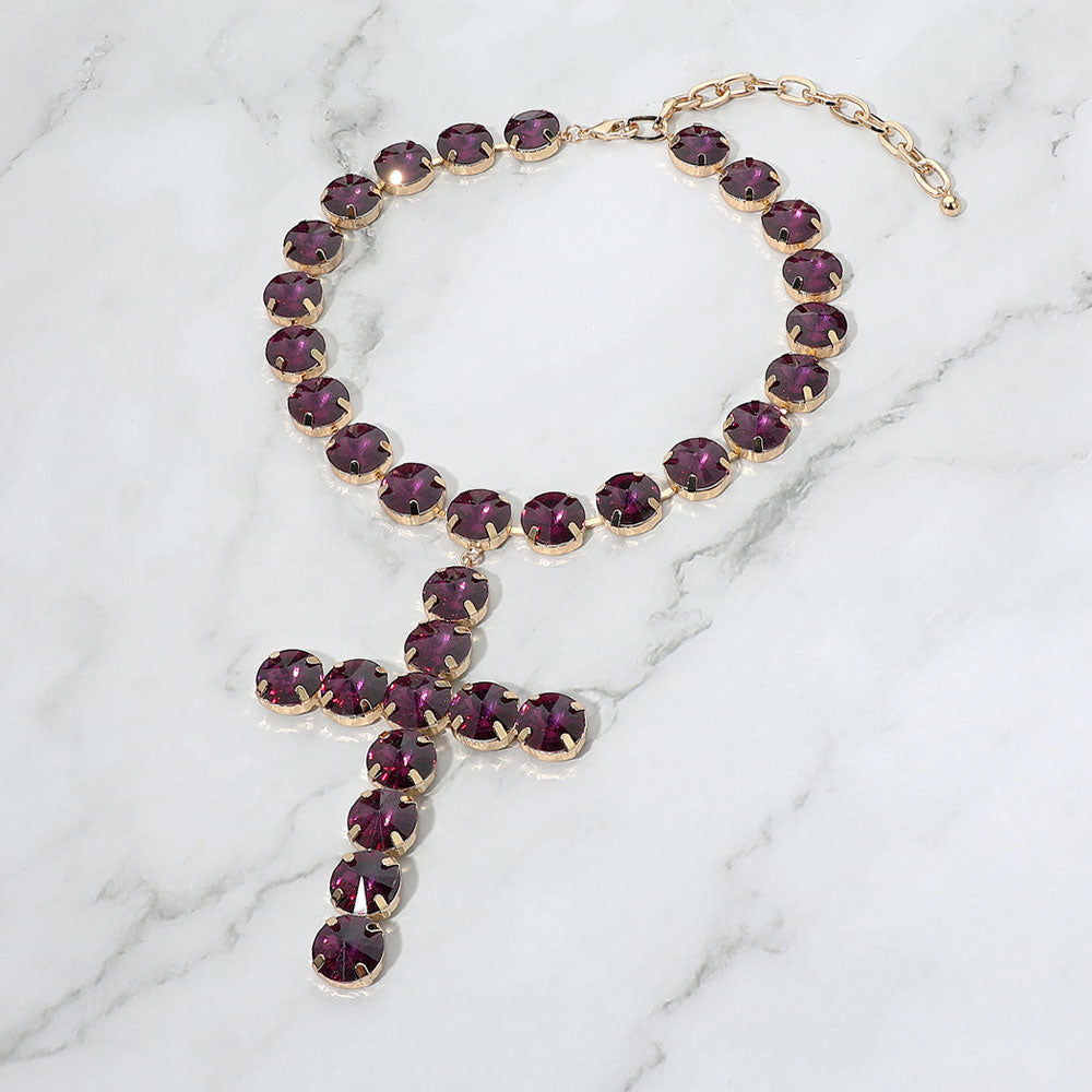 Madeline Love Amethyst Round Crystal Cross Pendant Statement Evening Necklace