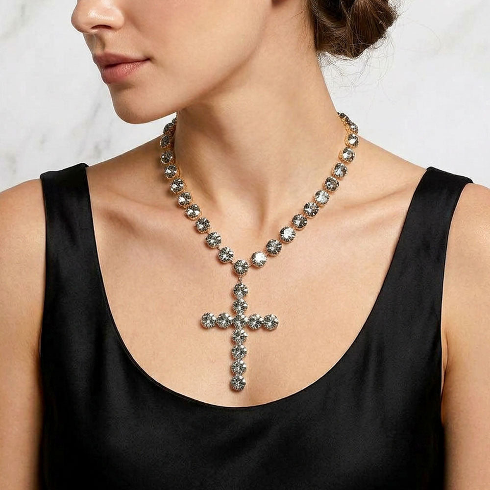 Madeline Love Black Diamond Round Crystal Cross Pendant Statement Evening Necklace