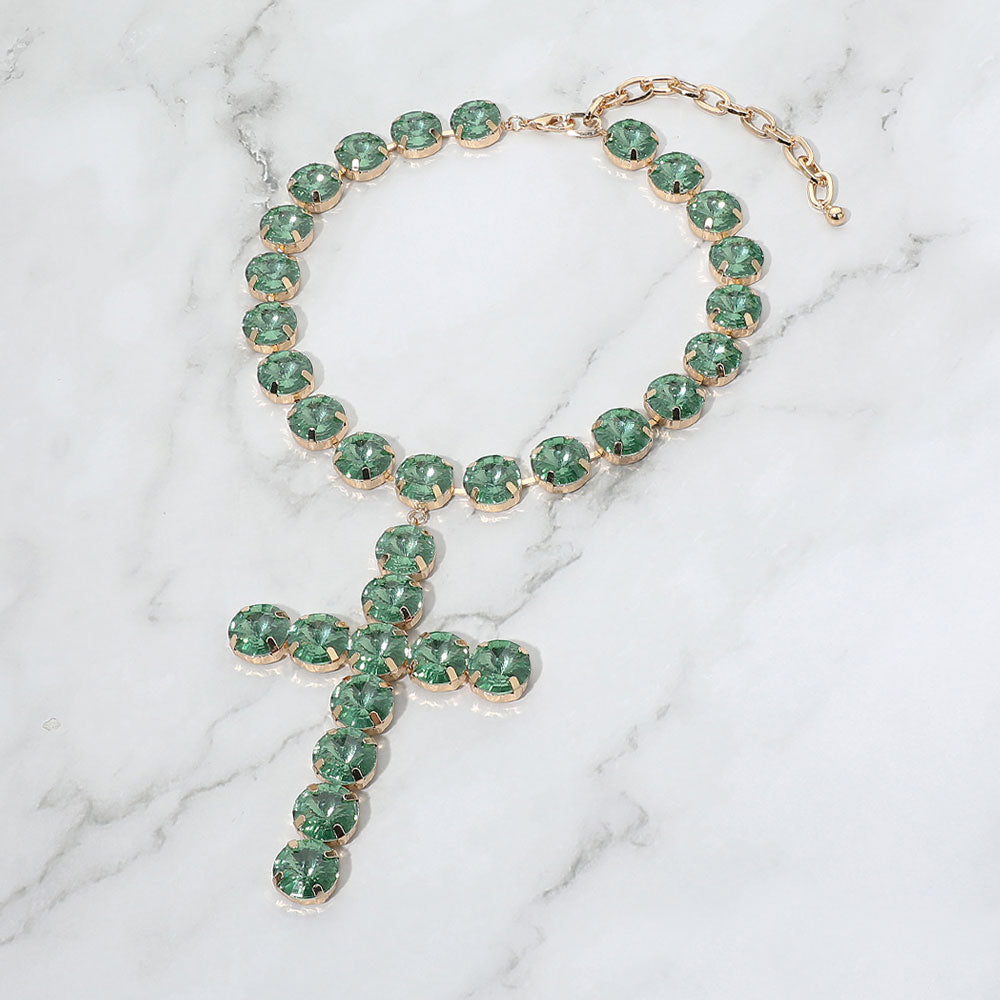 Madeline Love Emerald Round Crystal Cross Pendant Statement Evening Necklace