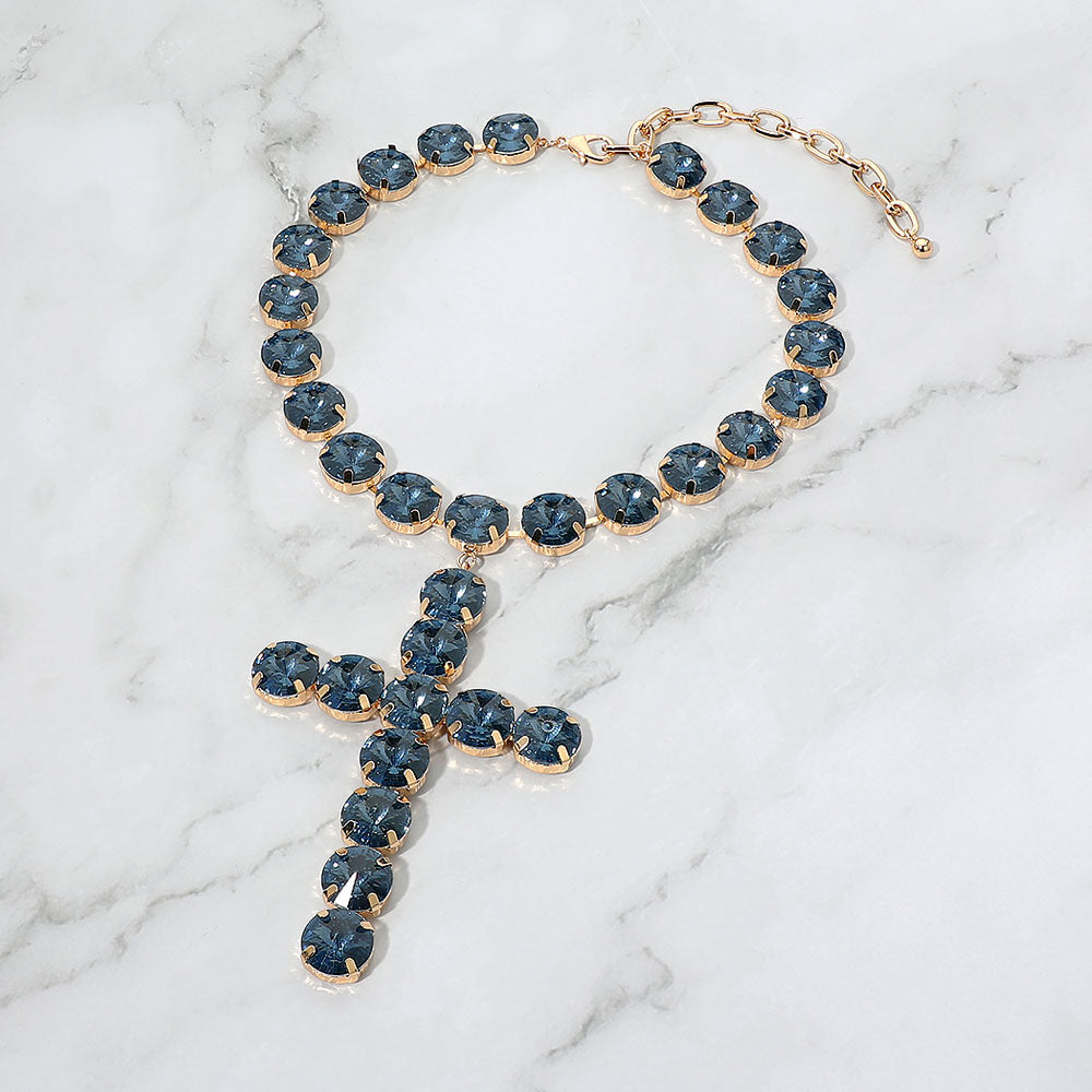Madeline Love Montana Blue Round Crystal Cross Pendant Statement Evening Necklace