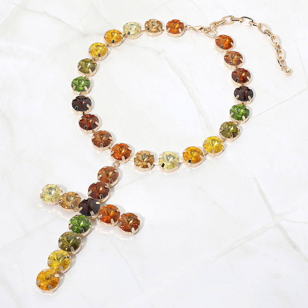 Madeline Love Multi Round Crystal Cross Pendant Statement Evening Necklace