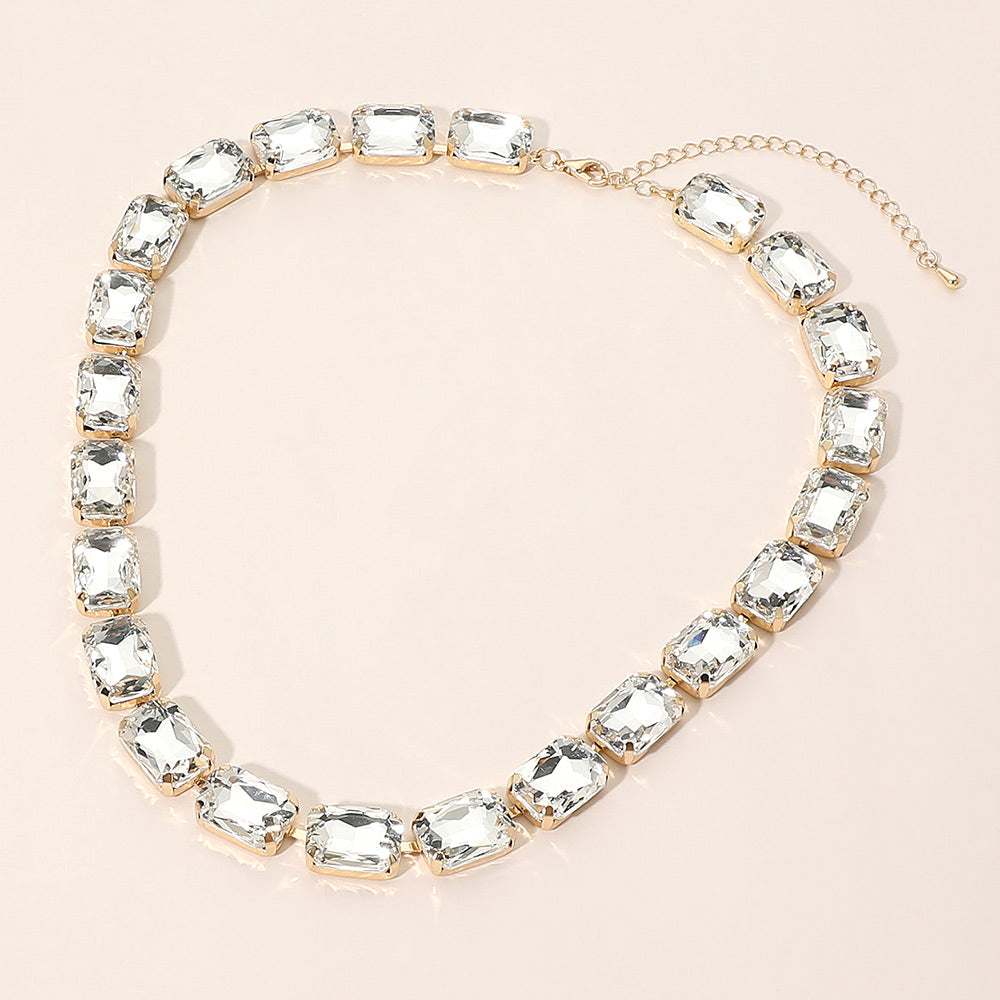 Madeline Love Clear, Gold Rectangular Gem Cluster Link Evening Necklace