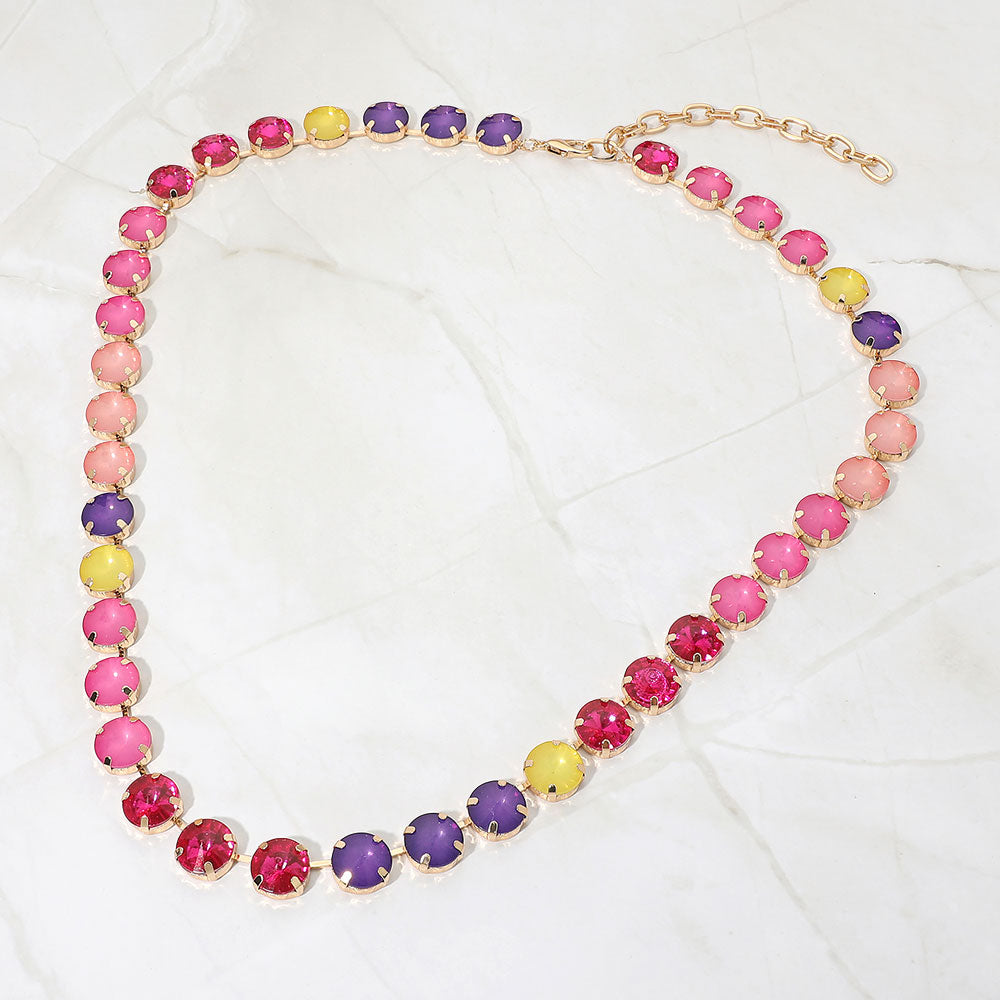 Madeline Love Multi, Pink Round Stone Cluster Link Long Evening Necklace