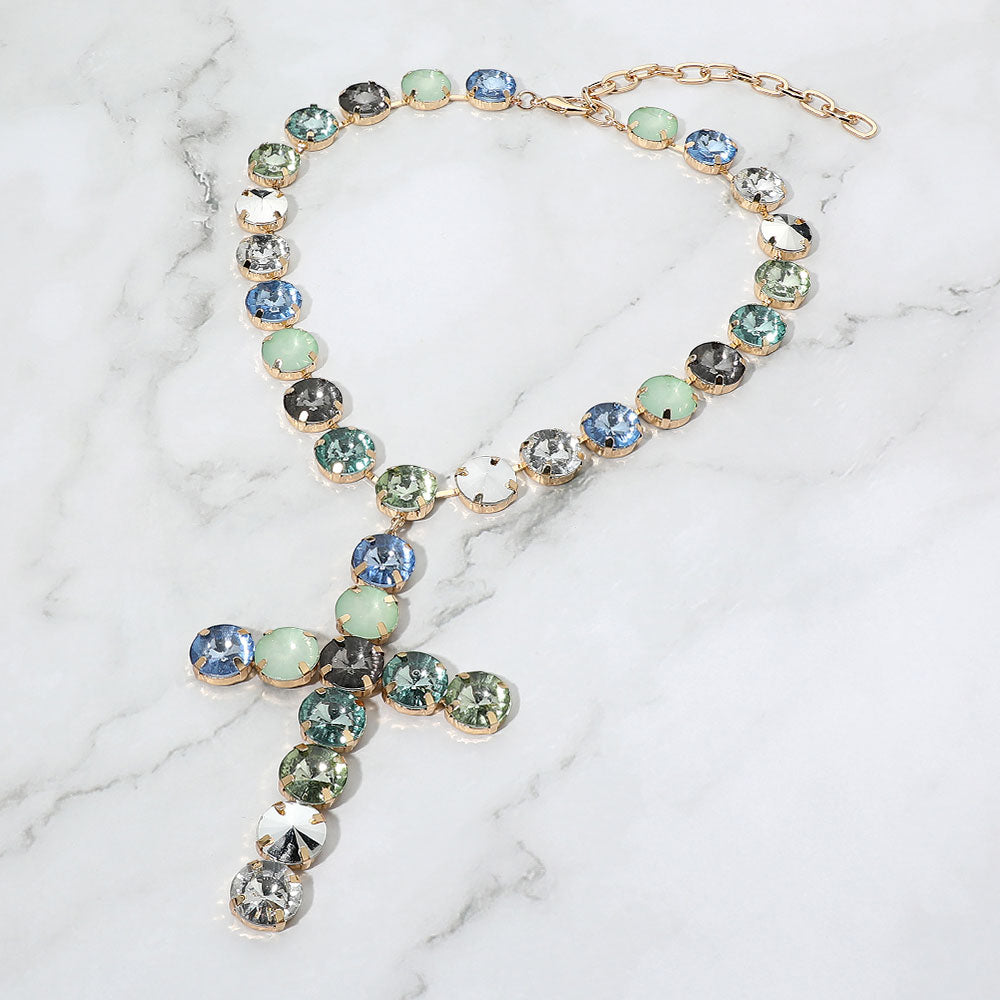 Madeline Love Mint Round Crystal Cross Pendant Statement Evening Necklace