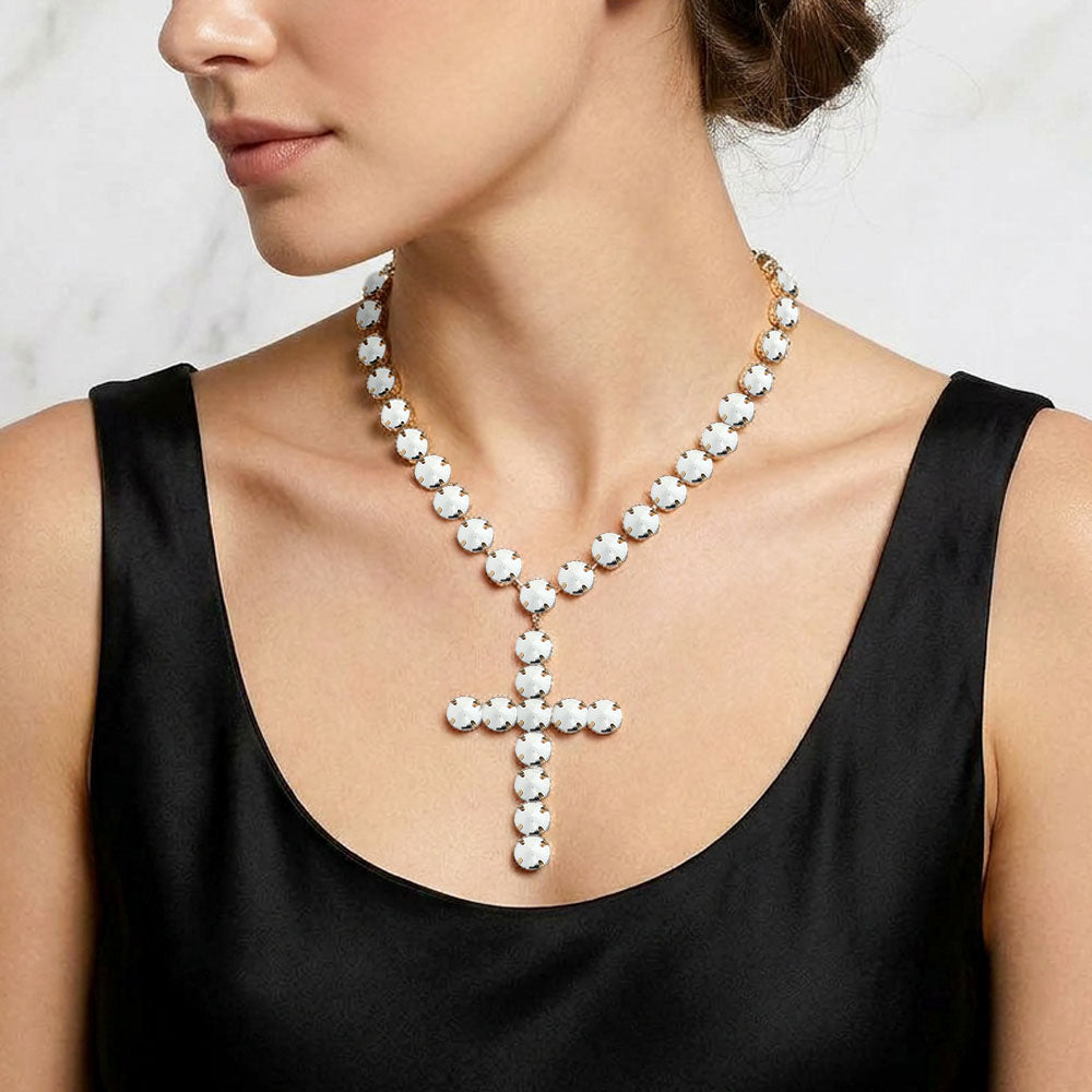 Madeline Love Silver Round Crystal Cross Pendant Statement Evening Necklace