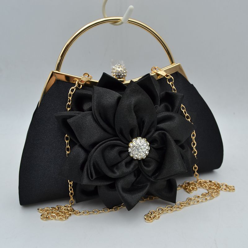Evening Clutch Bag with Large Fabric Flower and Metal Top Handle - Black - Clutch Bags
