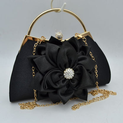 Evening Clutch Bag with Large Fabric Flower and Metal Top Handle - Black - Clutch Bags