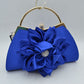 Evening Clutch Bag with Large Fabric Flower and Metal Top Handle - Blue - Clutch Bags