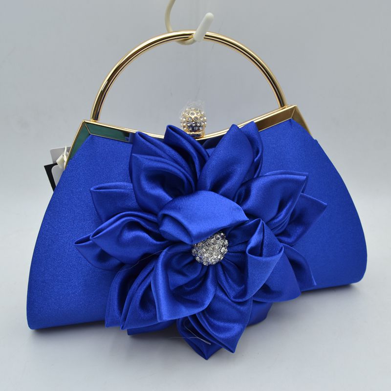Evening Clutch Bag with Large Fabric Flower and Metal Top Handle - Blue - Clutch Bags