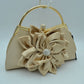 Evening Clutch Bag with Large Fabric Flower and Metal Top Handle - Golden Camel - Clutch Bags