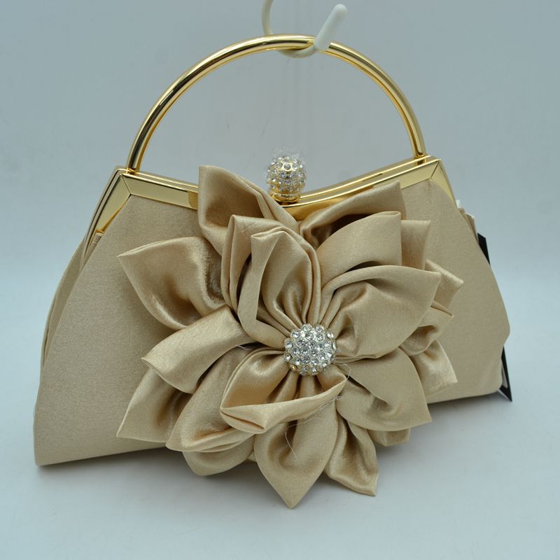 Evening Clutch Bag with Large Fabric Flower and Metal Top Handle - Golden Camel - Clutch Bags
