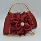 Evening Clutch Bag with Large Fabric Flower and Metal Top Handle - Red - Clutch Bags