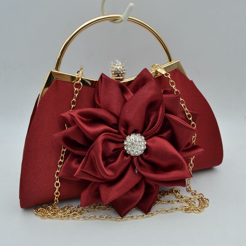 Evening Clutch Bag with Large Fabric Flower and Metal Top Handle - Red - Clutch Bags