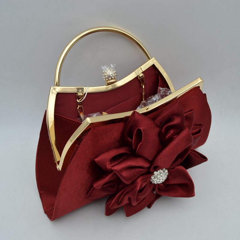 Evening Clutch Bag with Large Fabric Flower and Metal Top Handle - Clutch Bags