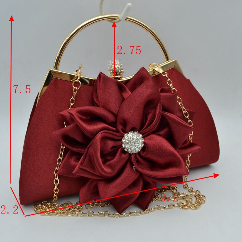 Evening Clutch Bag with Large Fabric Flower and Metal Top Handle - Clutch Bags