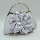 Evening Clutch Bag with Large Fabric Flower and Metal Top Handle - Silver - Clutch Bags
