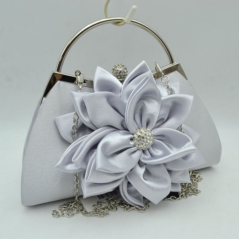 Evening Clutch Bag with Large Fabric Flower and Metal Top Handle - Silver - Clutch Bags