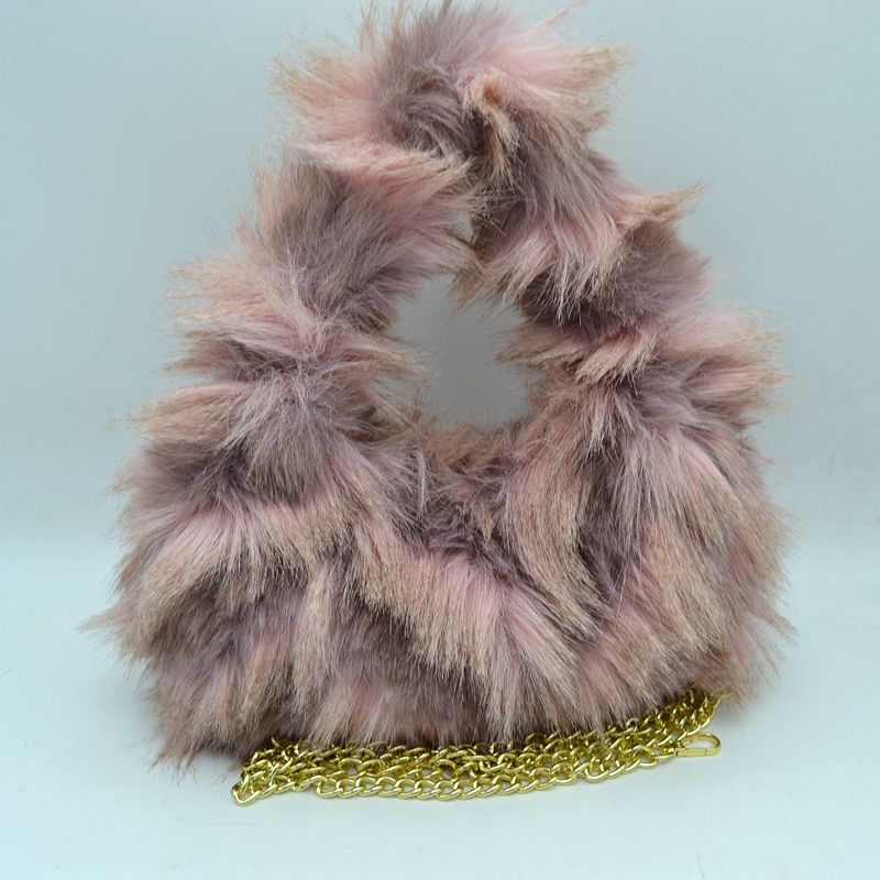 Shaggy Plush Handbag with Integrated Handle and Chain Strap - Pink - Handbags