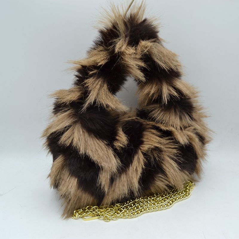 Shaggy Plush Handbag with Integrated Handle and Chain Strap - Black - Handbags