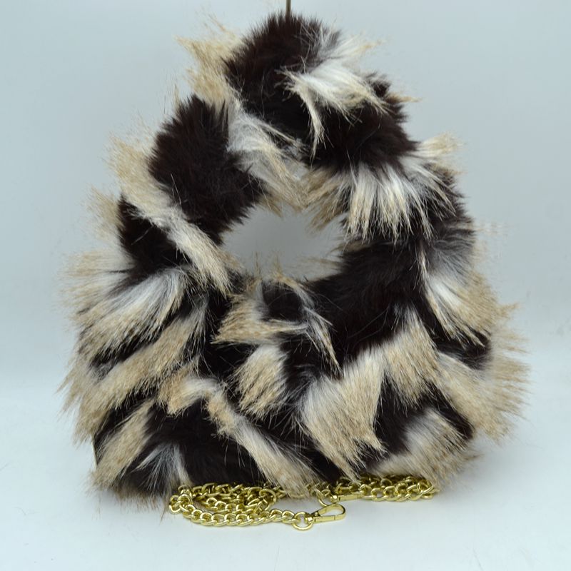 Shaggy Plush Handbag with Integrated Handle and Chain Strap - Beige - Handbags