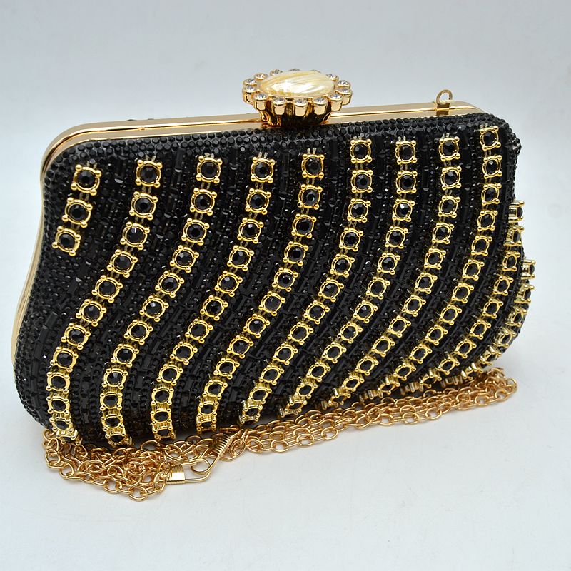Rhinestone Evening Clutch Bag with Wavy Gold Trim and Chain Strap - Black - Clutch Bags