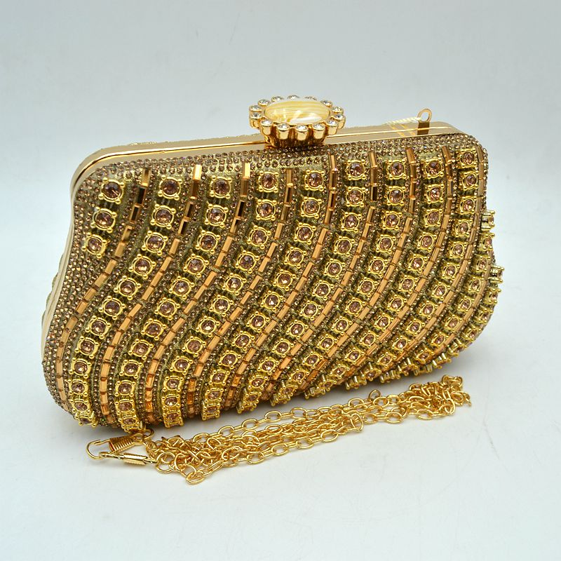 Rhinestone Evening Clutch Bag with Wavy Gold Trim and Chain Strap - Gold - Clutch Bags