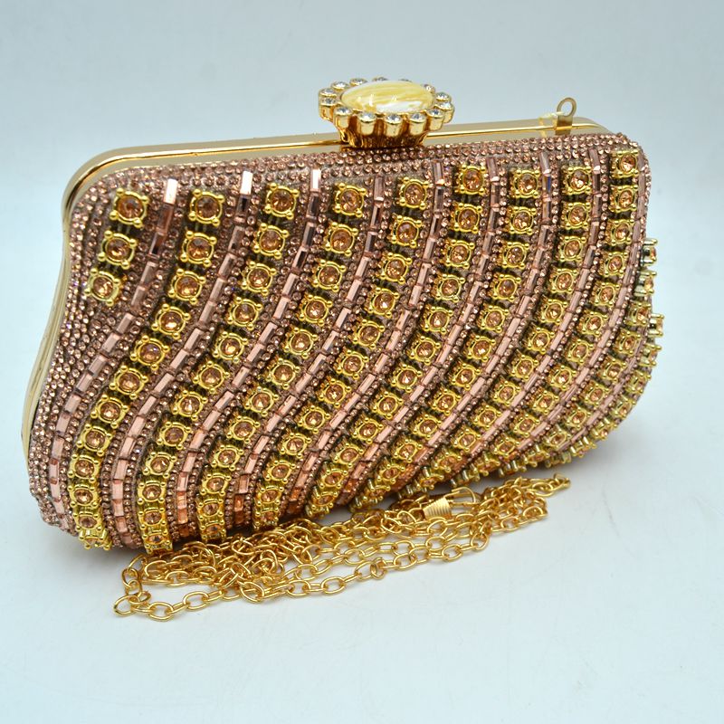 Rhinestone Evening Clutch Bag with Wavy Gold Trim and Chain Strap - Rose Gold - Clutch Bags