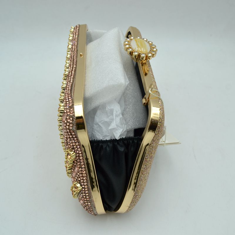 Rhinestone Evening Clutch Bag with Wavy Gold Trim and Chain Strap - Clutch Bags