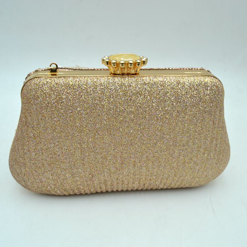 Rhinestone Evening Clutch Bag with Wavy Gold Trim and Chain Strap - Clutch Bags