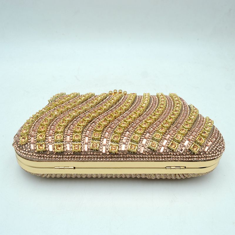 Rhinestone Evening Clutch Bag with Wavy Gold Trim and Chain Strap - Clutch Bags