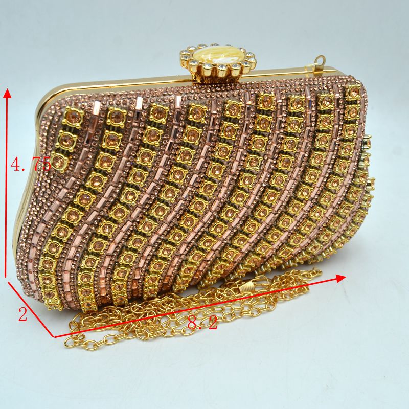 Rhinestone Evening Clutch Bag with Wavy Gold Trim and Chain Strap - Clutch Bags