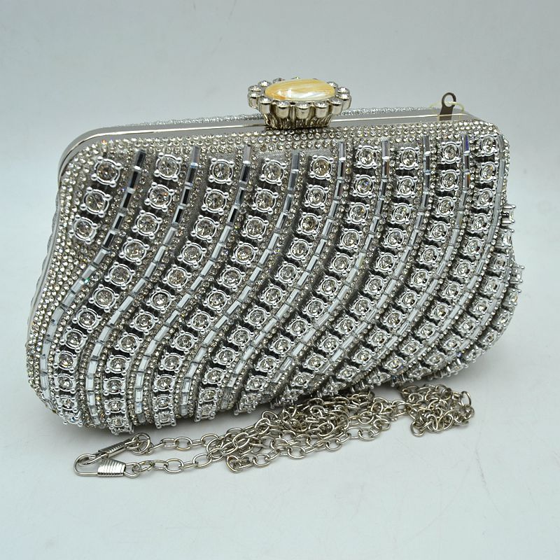 Rhinestone Evening Clutch Bag with Wavy Gold Trim and Chain Strap - Silver - Clutch Bags