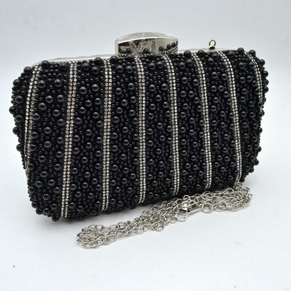 Beaded Evening Clutch Bag with Rhinestone Stripes and Chain Strap - Blac - Clutch Bags