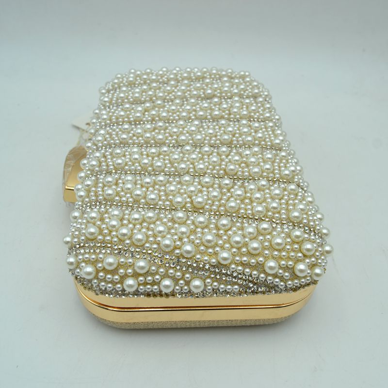 Beaded Evening Clutch Bag with Rhinestone Stripes and Chain Strap - Clutch Bags