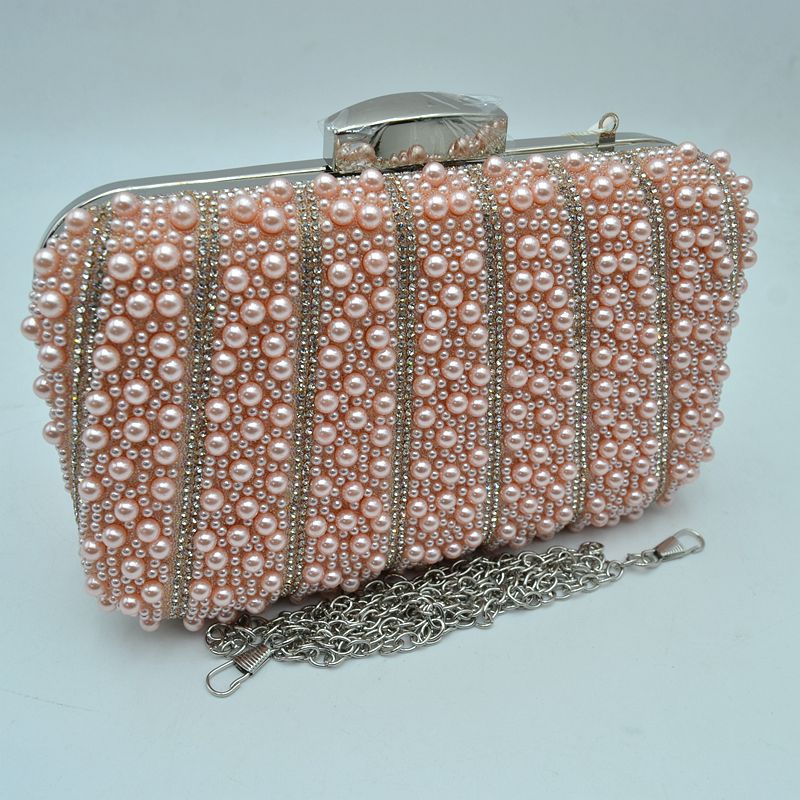 Beaded Evening Clutch Bag with Rhinestone Stripes and Chain Strap - Pink - Clutch Bags