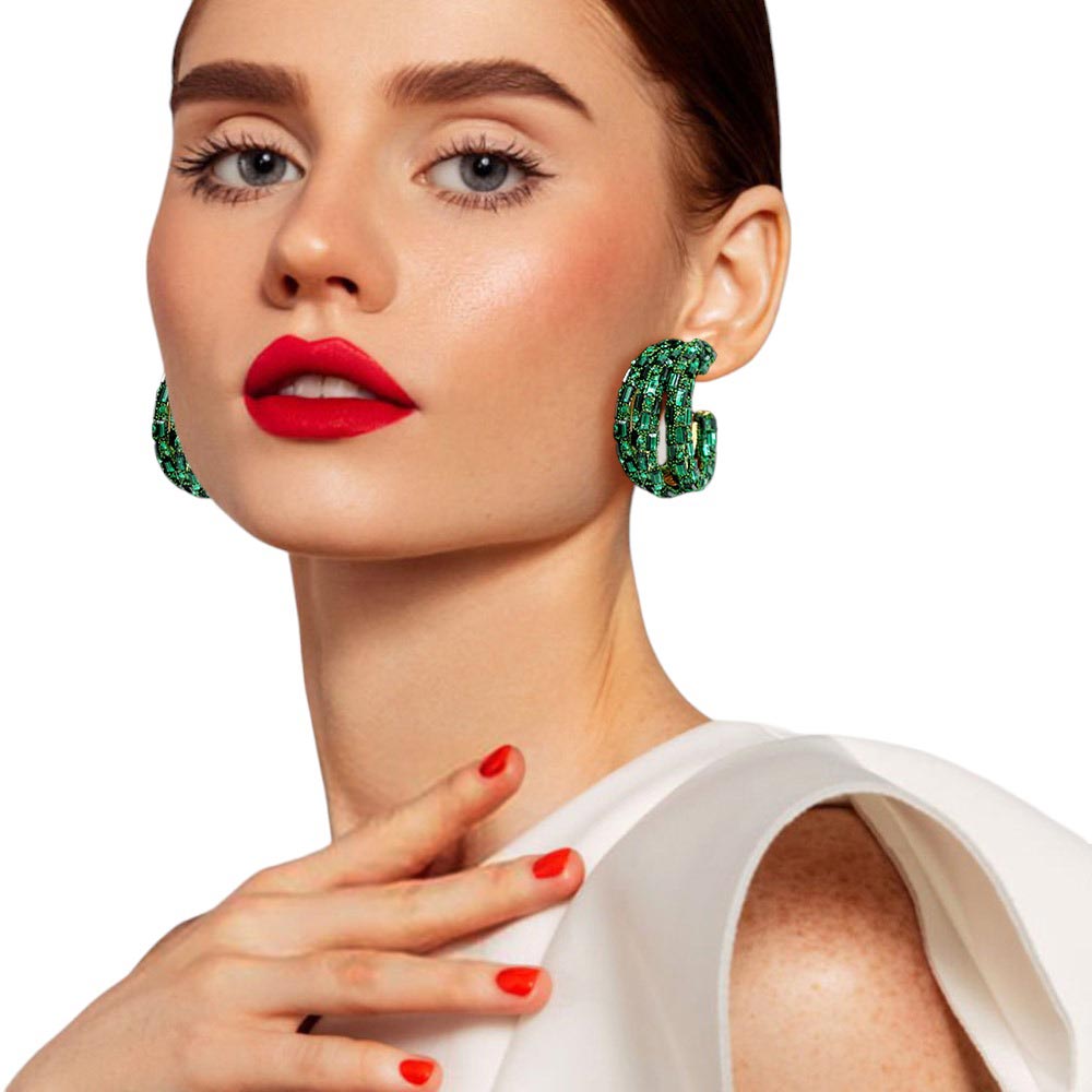 Bling Rectangle Stone Split Hoop Earrings - Emerald - Earrings