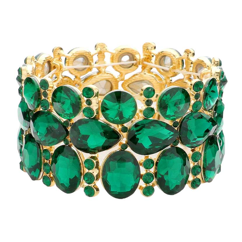 Emerald Multi Stone Cluster Evening Stretch Bracelet classy glass bracelet adds a gorgeous glow to your special occasion ensemble for a polished look. Birthday Gift, Anniversary, Valentine's Day, Christmas, Navidad, Cumpleanos, Mother's Day, Prom, Wedding Bridal, Quinceanera, Sweet 16, Novias, Dia de Madre, Novia