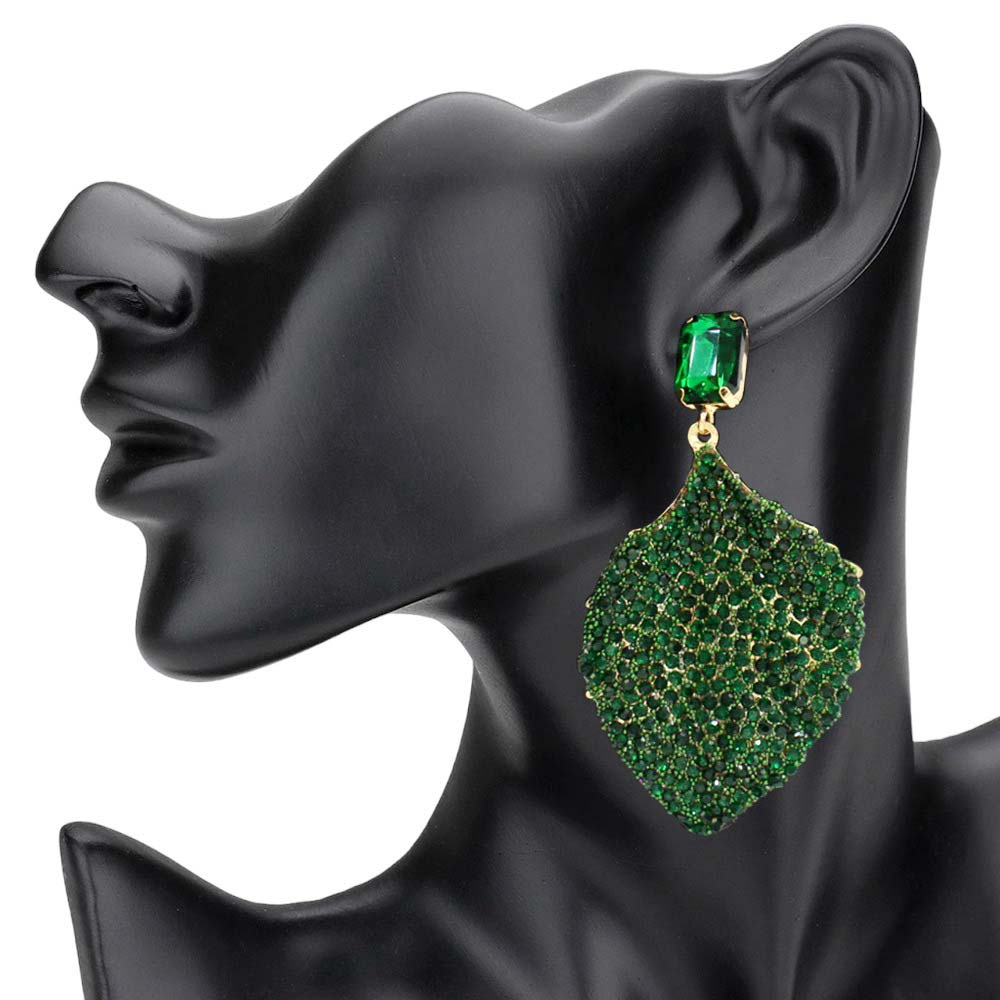 Emerald Rhinestone Embellished Leaf Dangle Earrings, are perfect for any special event. The rhinestones are carefully placed to create an elegant design. These earrings are sure to turn heads and make you stand out from the crowd. Perfect gift for fashion-loving family members and friends, young adults, or to gift yourself.