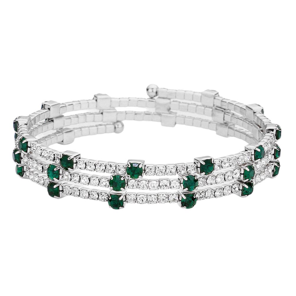 Emerald Silver Rhinestone Coil Evening Bracelet, get ready with this rhinestone bracelet to receive the best compliments on any special occasion. This classy evening bracelet is perfect for parties, Weddings, and Evenings. Awesome gift for birthdays, anniversaries, Valentine’s Day, or any special occasion.