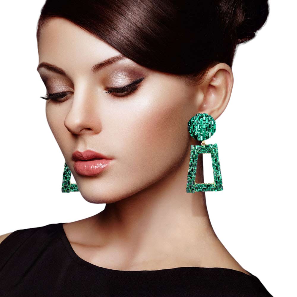 Emerald Stone Embellished Chunky Open Rectangle Evening Earrings, get ready with these evening earrings to receive the best compliments on any special occasion. These classy evening earrings are perfect for parties, Weddings, and Evenings. Awesome gift for birthdays, anniversaries, Valentine’s Day, or any special occasion.