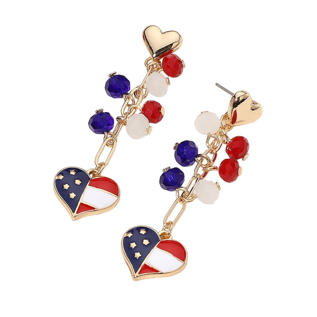 Gold Multi Dangle heart earrings with faceted bead accents and star details. A bold, patriotic style perfect for festive events, parties, or spirited everyday wear. Lightweight and eye-catching.