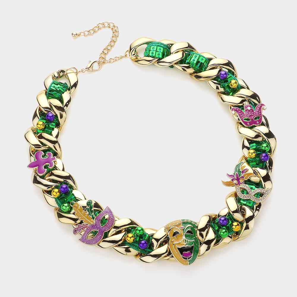 Enamel Mardi Gras Charm Embellished Sequin Strap Braided Chain Necklace is a vibrant and unique accessory. The enamel charm and sequin strap bring a touch of sparkle, while the braided chain provides a sturdy yet stylish foundation. Perfect for Mardi Gras celebrations or any fun-filled event. 