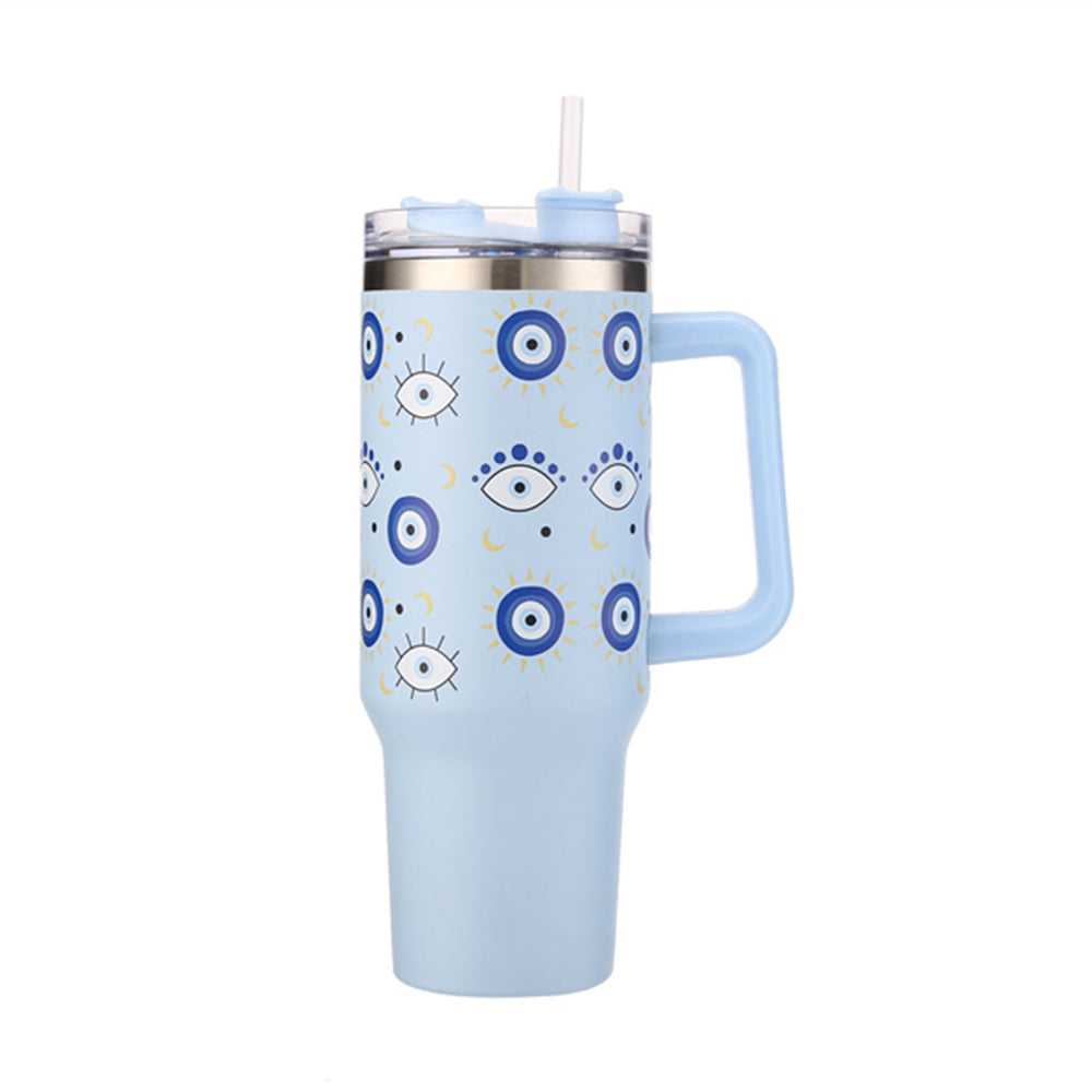 Blue Evil Eye Printed 40OZ Stainless Steel Tumbler With Handle features an eye-catching evil eye print and a convenient handle. Keep your drinks hot or cold for longer and add a touch of personality to your daily routine. Made with durable materials and a sleek design, this tumbler is perfect for on-the-go use. Enjoy your favourite beverages in style with this unique tumbler. 