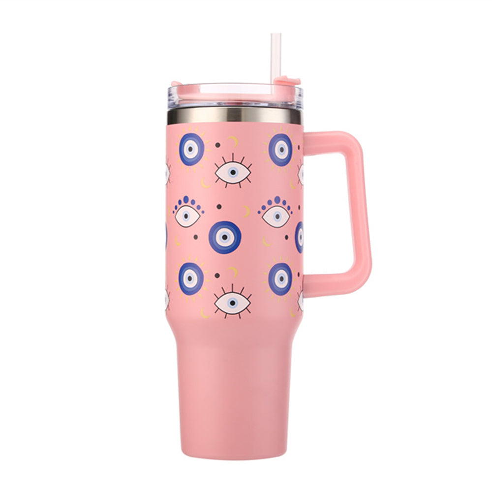 Pink Evil Eye Printed 40OZ Stainless Steel Tumbler With Handle features an eye-catching evil eye print and a convenient handle. Keep your drinks hot or cold for longer and add a touch of personality to your daily routine. Made with durable materials and a sleek design, this tumbler is perfect for on-the-go use. Enjoy your favourite beverages in style with this unique tumbler. 