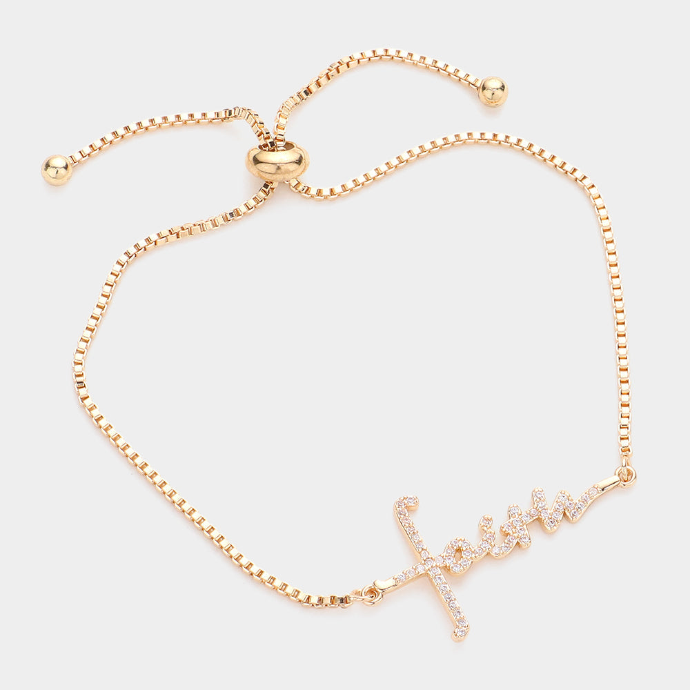 Madeline Love Gold Faith CZ Message Charm Pull Tie Bracelet - Bracelets