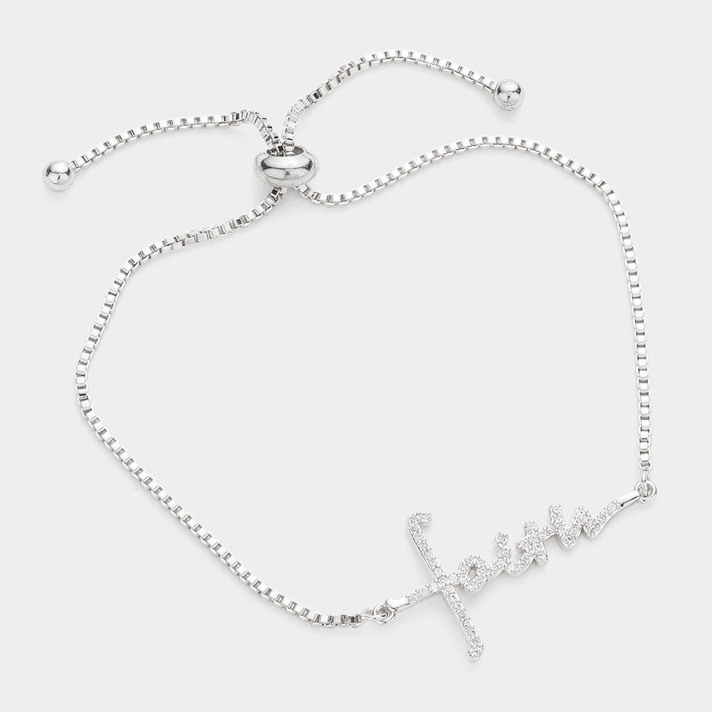 Madeline Love Silver Faith CZ Message Charm Pull Tie Bracelet - Bracelets
