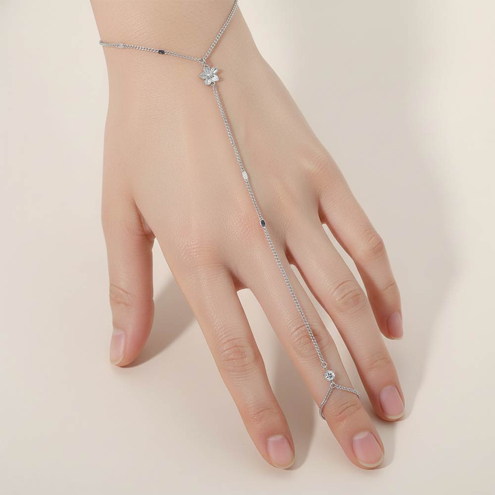 Madeline Love Clear, Rhodium Delicate Flower Charm Accent Hand Chain Bracelet - Bracelets