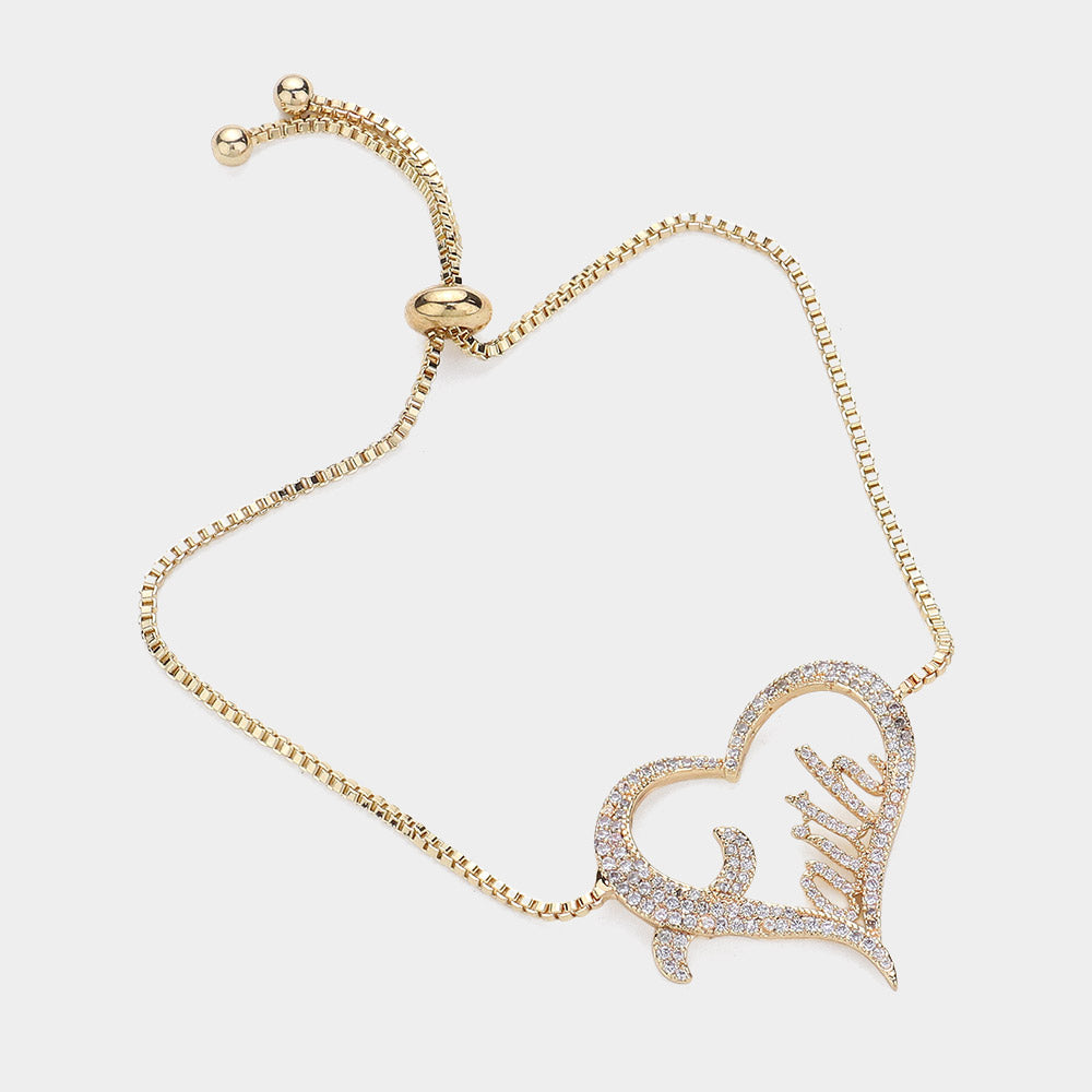 Madeline Love Clear, Gold CZ Stone Paved FAITH Message Open Heart Pull Tie Bracelet - Bracelets