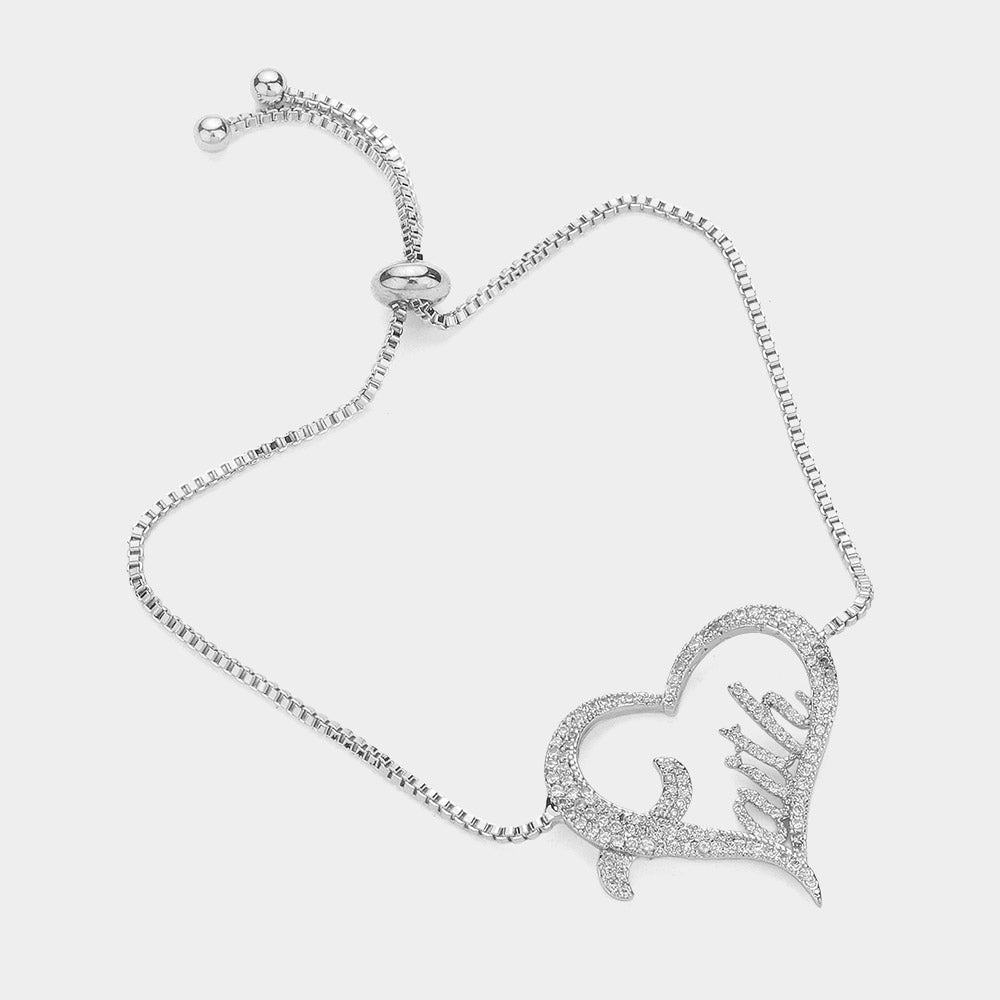 Madeline Love Clear, Silver CZ Stone Paved FAITH Message Open Heart Pull Tie Bracelet - Bracelets