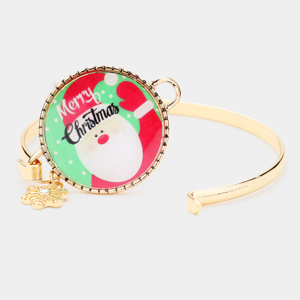 Madeline Love Antique Gold, Multi Santa Claus Print Snowflake Charm Hook Bracelet - Bracelets - desc